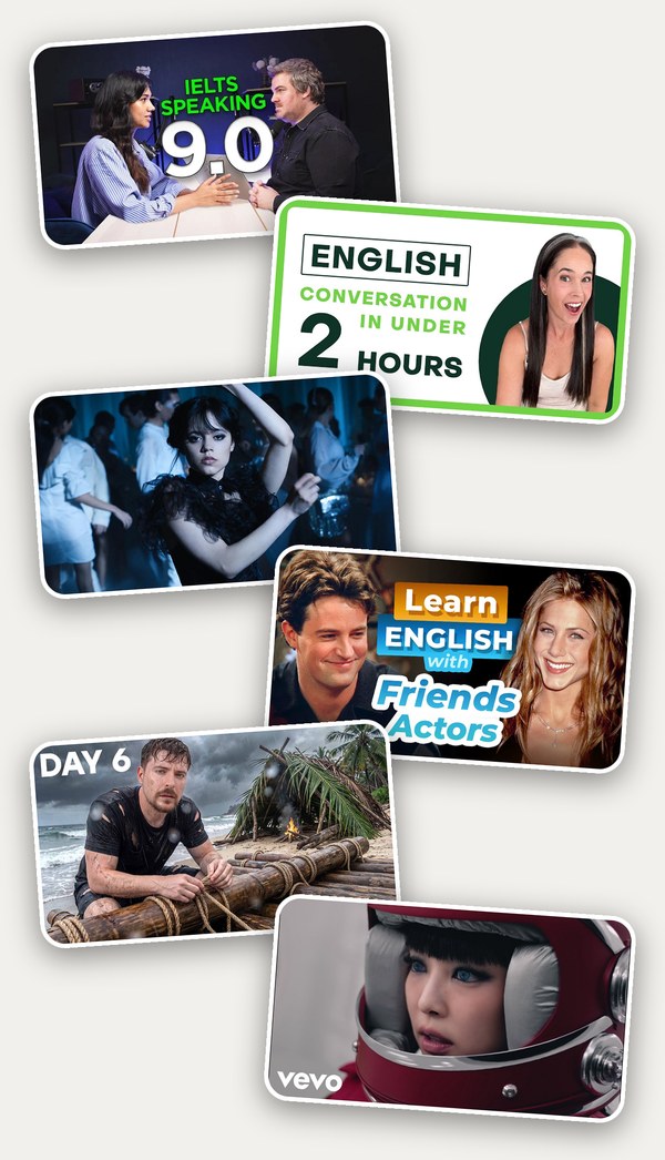 कैटलॉग के वीडियो थंबनेल का ढेर: IELTS स्पीकिंग, अंग्रेजी बातचीत, Wednesday, Friends, MrBeast और JENNIE का म्यूजिक वीडियो।