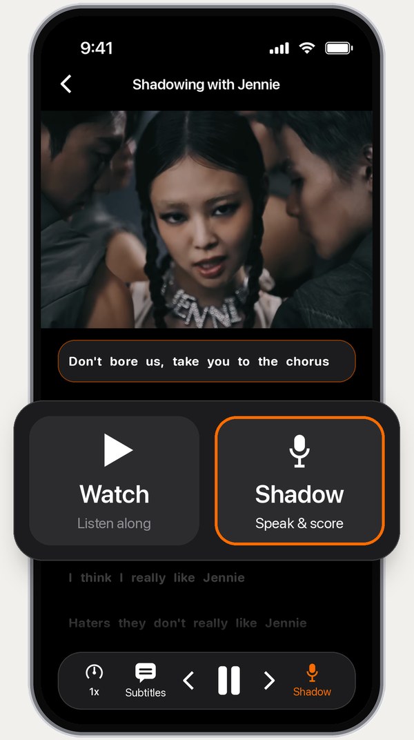 ऐप में JENNIE का एक म्यूजिक वीडियो, जिसमें Watch (साथ में सुनें) और Shadow (बोलें और स्कोर पाएँ) का विकल्प है।